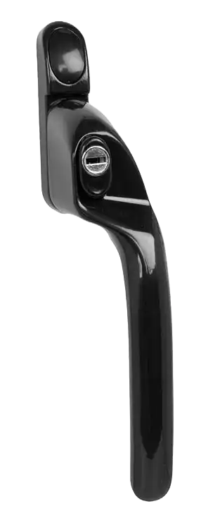 Cranked black window handle with contoured grip and key-operated lock.
