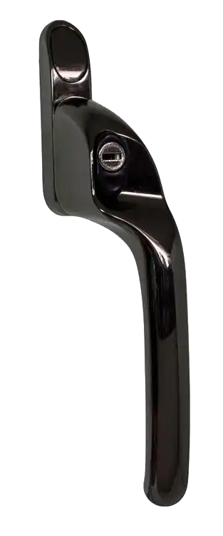 Cranked window handle in a polished bronze finish with key lock and smooth curve.