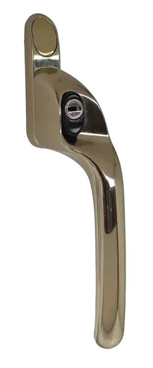Cranked gold window handle with contoured profile and key lock.