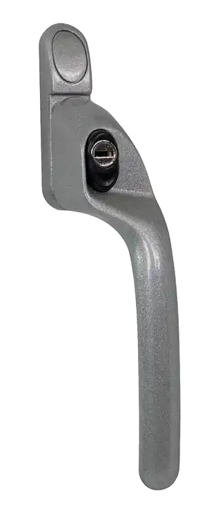 Cranked window handle in a graphite finish with key lock and ergonomic grip.