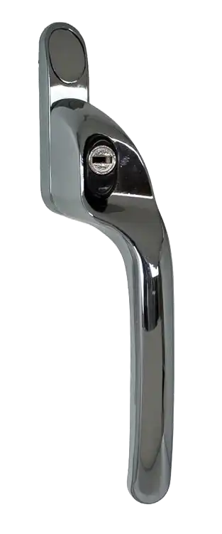 Cranked window handle in polished chrome with ergonomic shape and key lock.