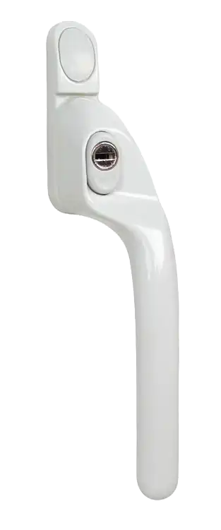 Cranked white window handle with contoured design and key-operated lock.