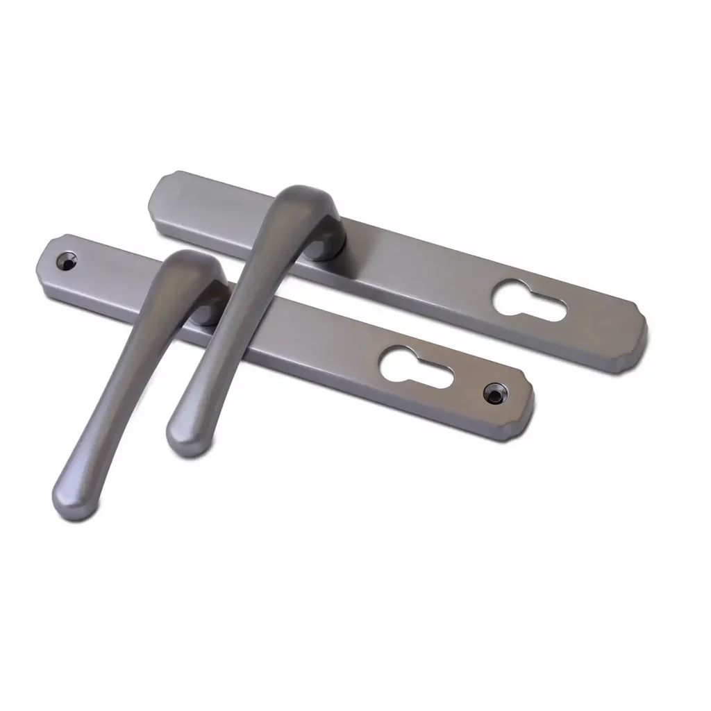 Pair of heritage-style door handles in a smooth satin-silver finish with long rectangular backplates.