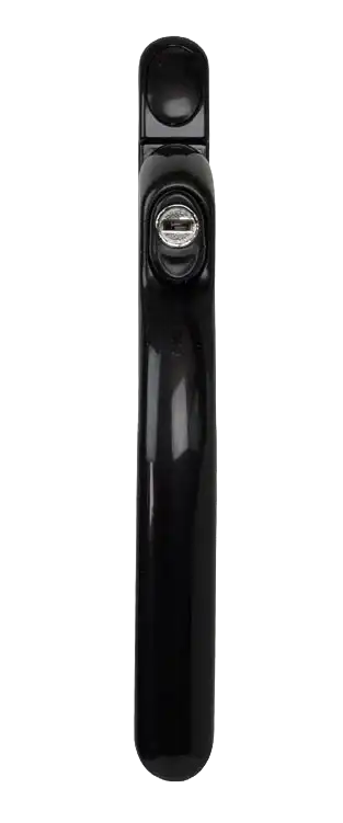 Black inline window handle with key lock and smooth vertical profile.
