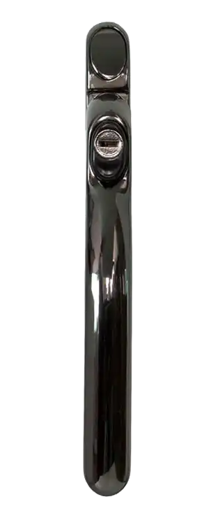 Bronze inline window handle with sleek finish and integrated key lock.