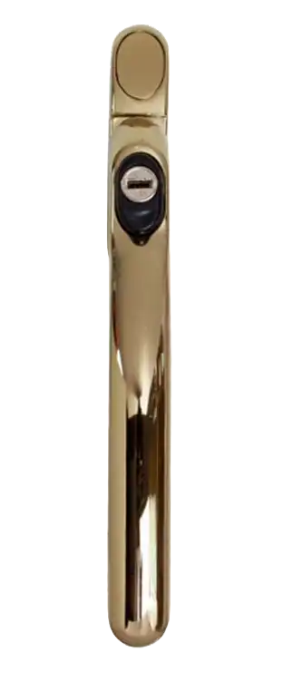 Gold inline window handle with slim profile and key-operated locking.