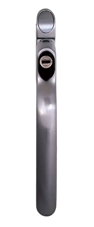 Graphite inline window handle with key lock and smooth ergonomic shape.