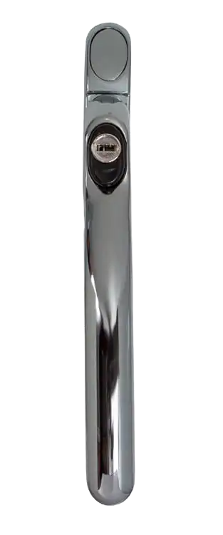 Polished chrome inline window handle with slim vertical design and key lock.