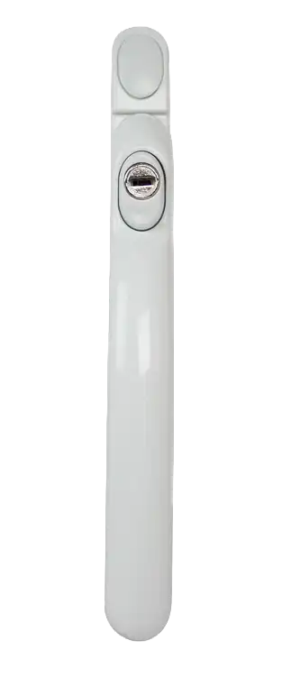 White inline window handle with locking mechanism and streamlined body.
