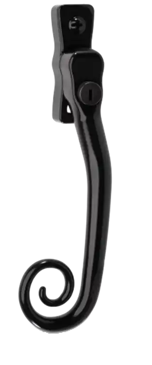 Monkey tail window handle in matte black with curled end and locking mechanism.