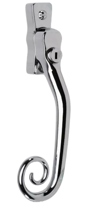 Polished chrome monkey tail window handle with curled end and locking mechanism.