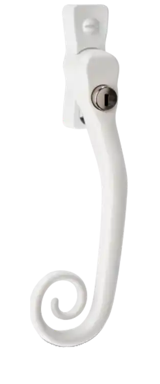 White monkey tail window handle with curled end and integrated locking mechanism.