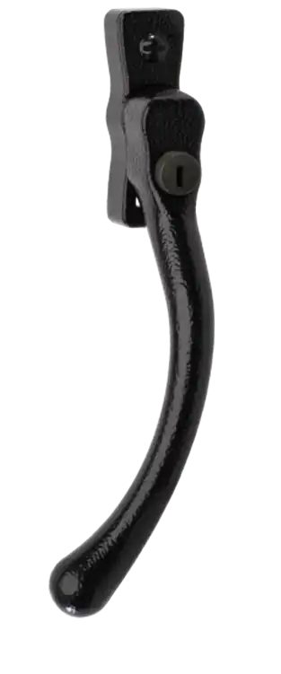 Curved pear drop window handle in a heritage black finish with visible key lock.