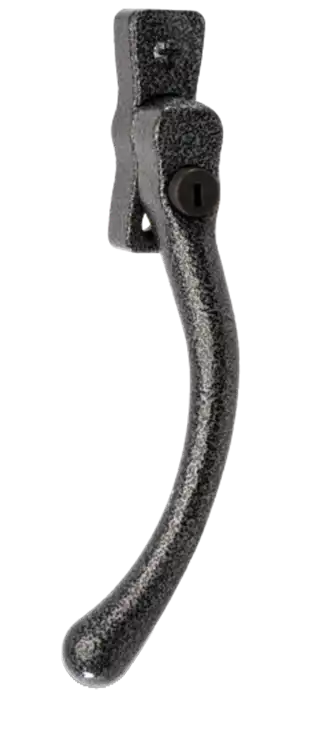 Heritage pewter pear drop window handle with curved shape and key lock.