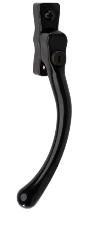 Matt black pear drop window handle with curved grip and key-operated lock.