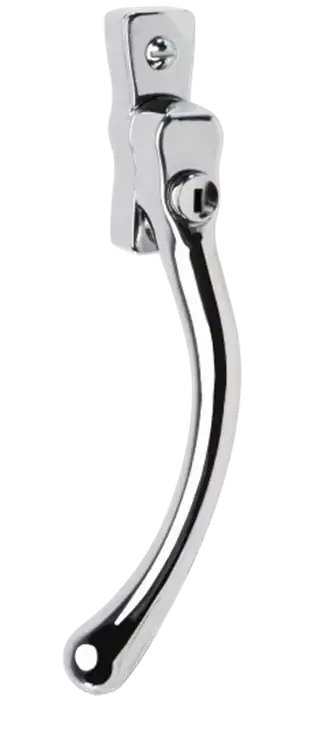 Polished chrome pear drop window handle with a curved design and locking mechanism.