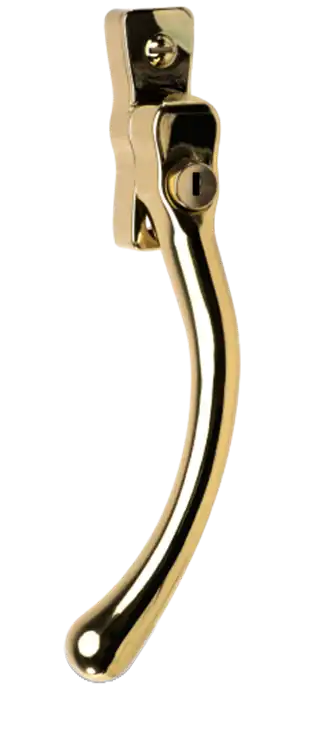 Polished gold pear drop window handle with curved design and key-operated lock.