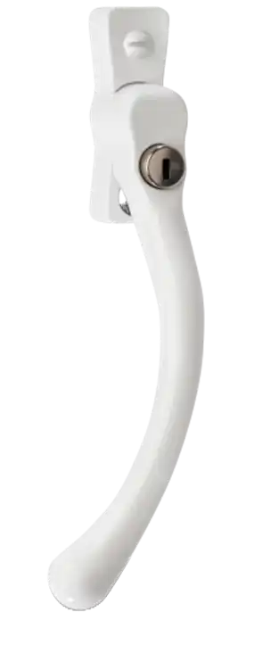 White pear drop window handle with curved design and key-operated lock.