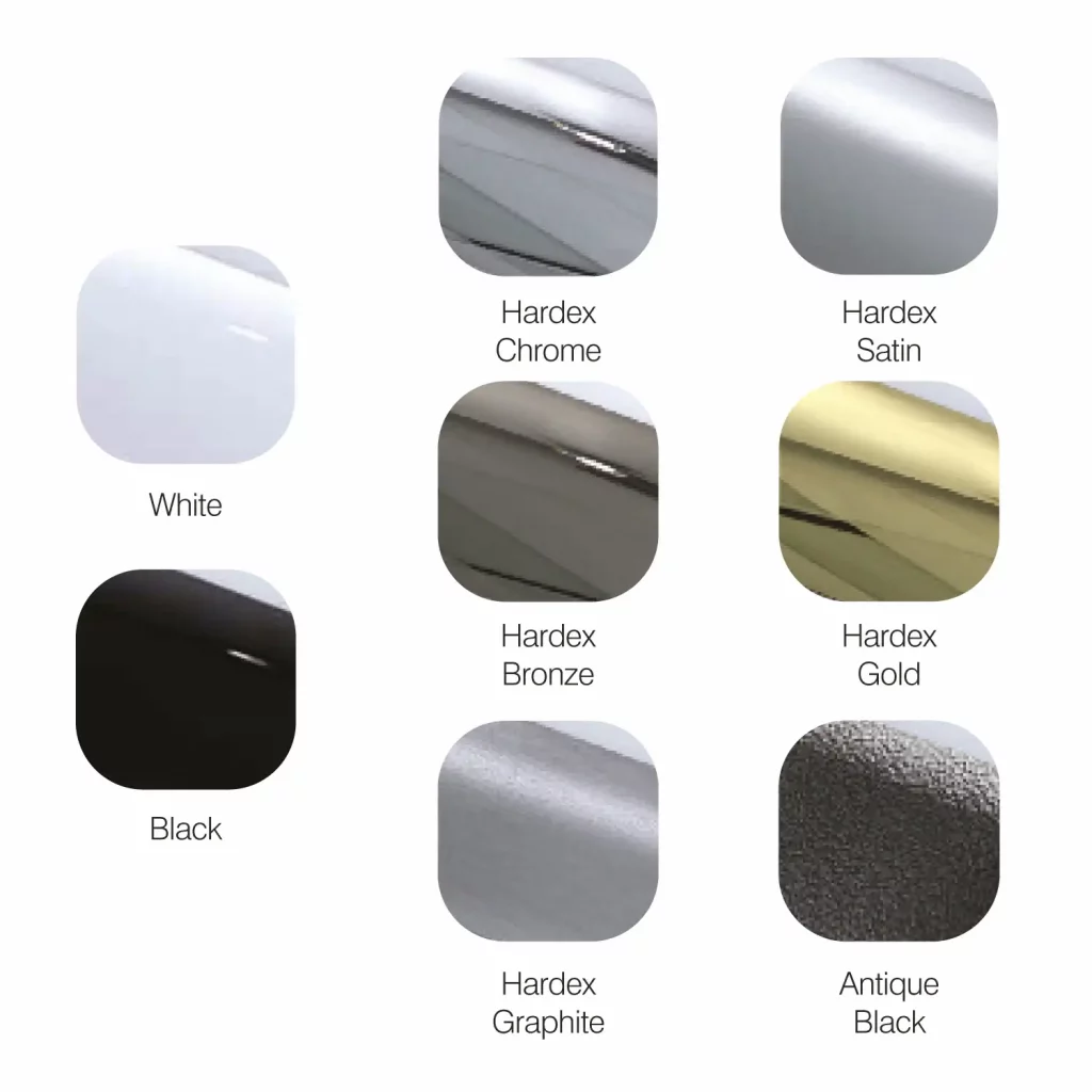 Color swatches showing eight door handle finishes including white, black, and various metallics.
