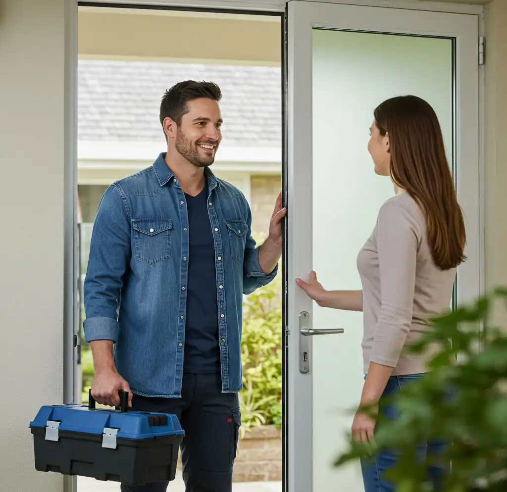Smiling male technician with a toolbox greeting a woman at her front door.