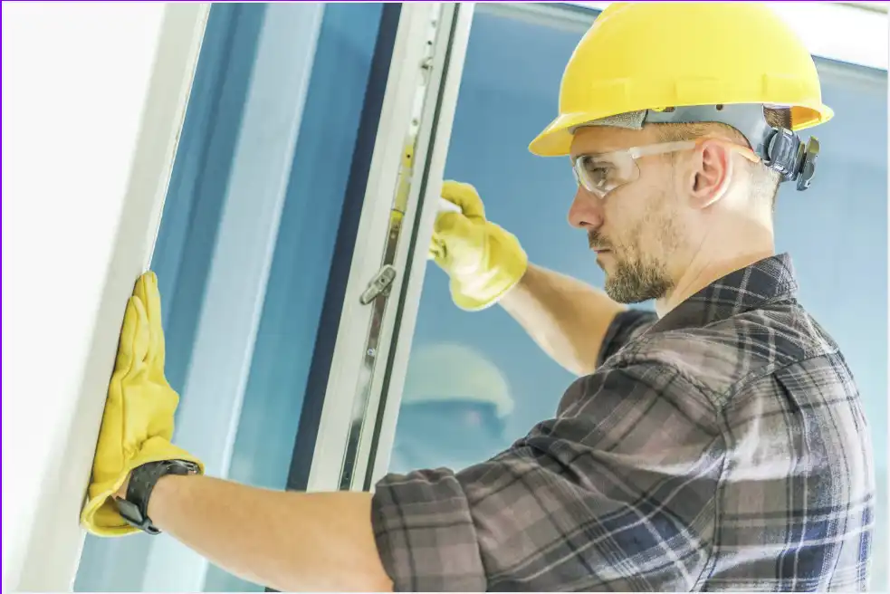 Window installer wearing safety gear - fitting a glass unit into a frame. Contact Us