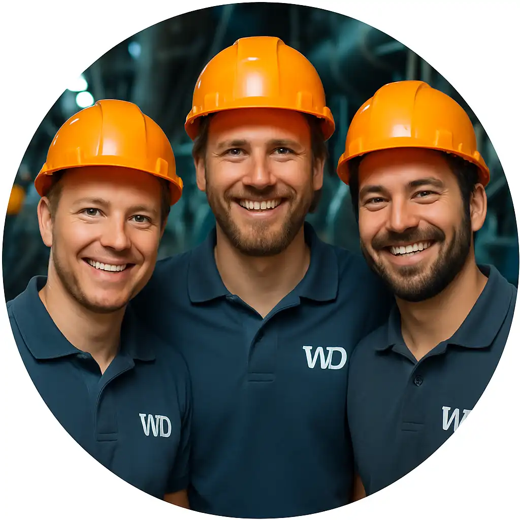 Three smiling men in orange hard hats and WD polo shirts standing together