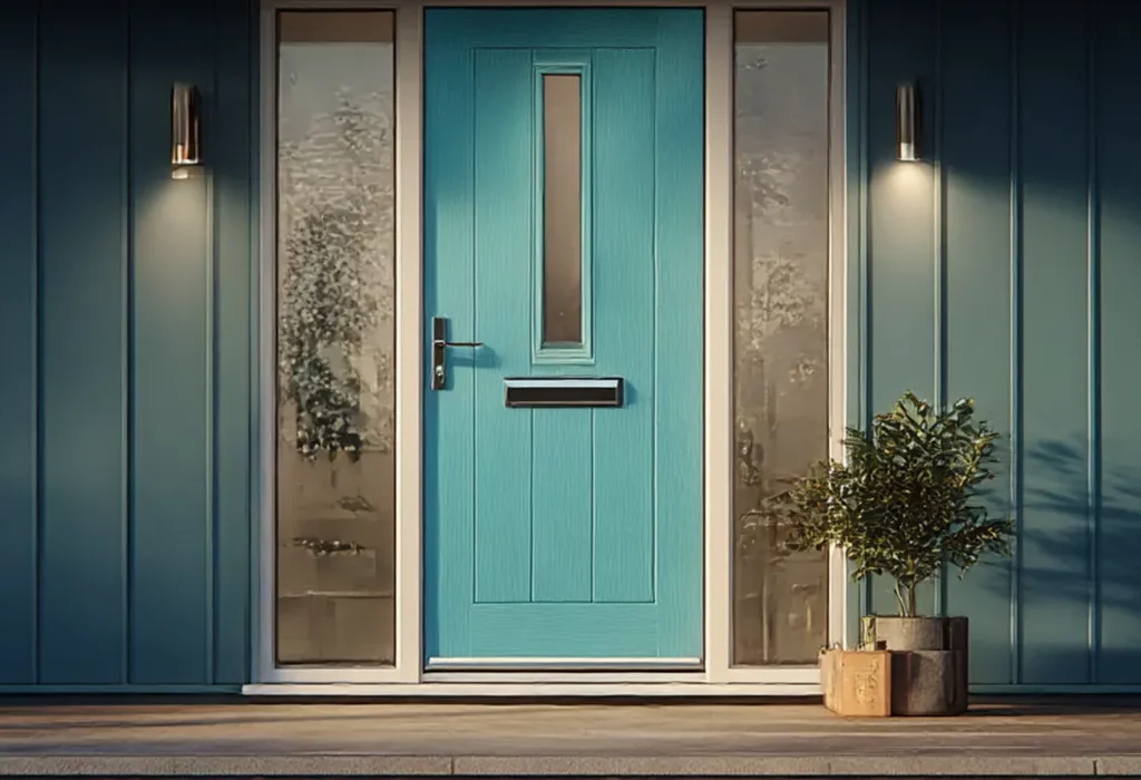 Modern composite doors Leicester in blue with sidelights and porch lighting