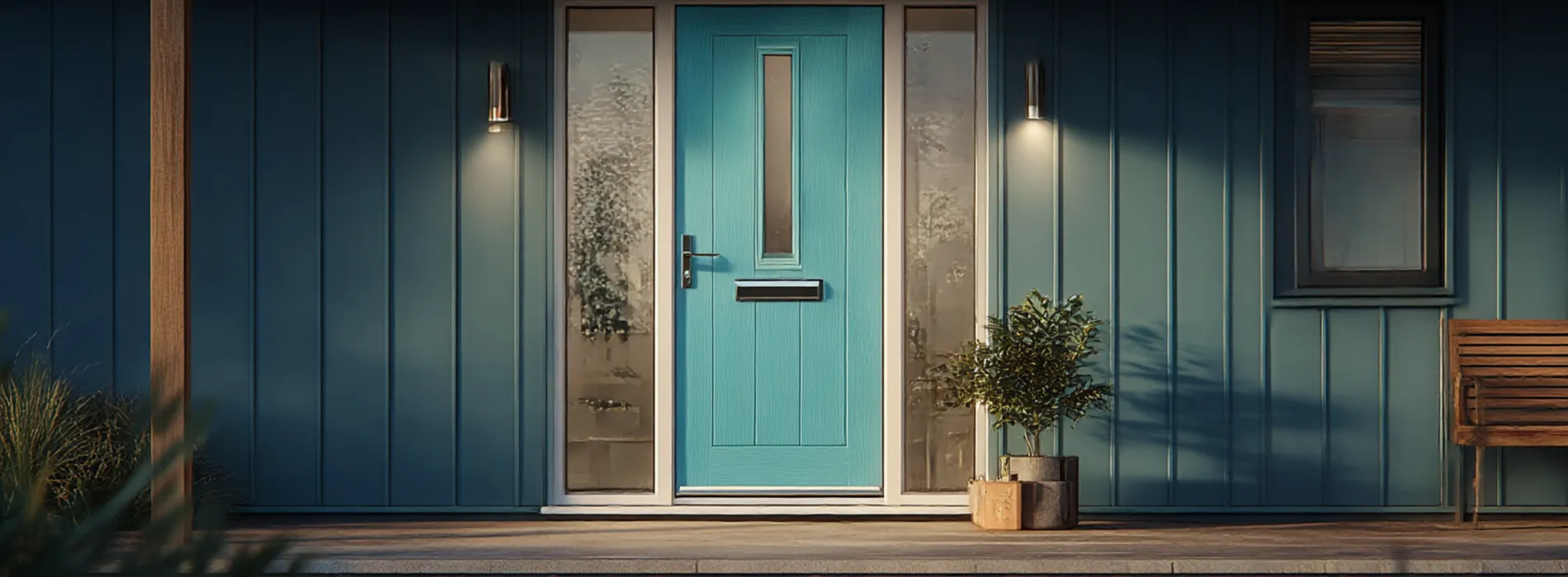 Modern composite doors Leicester in blue with sidelights and porch lighting