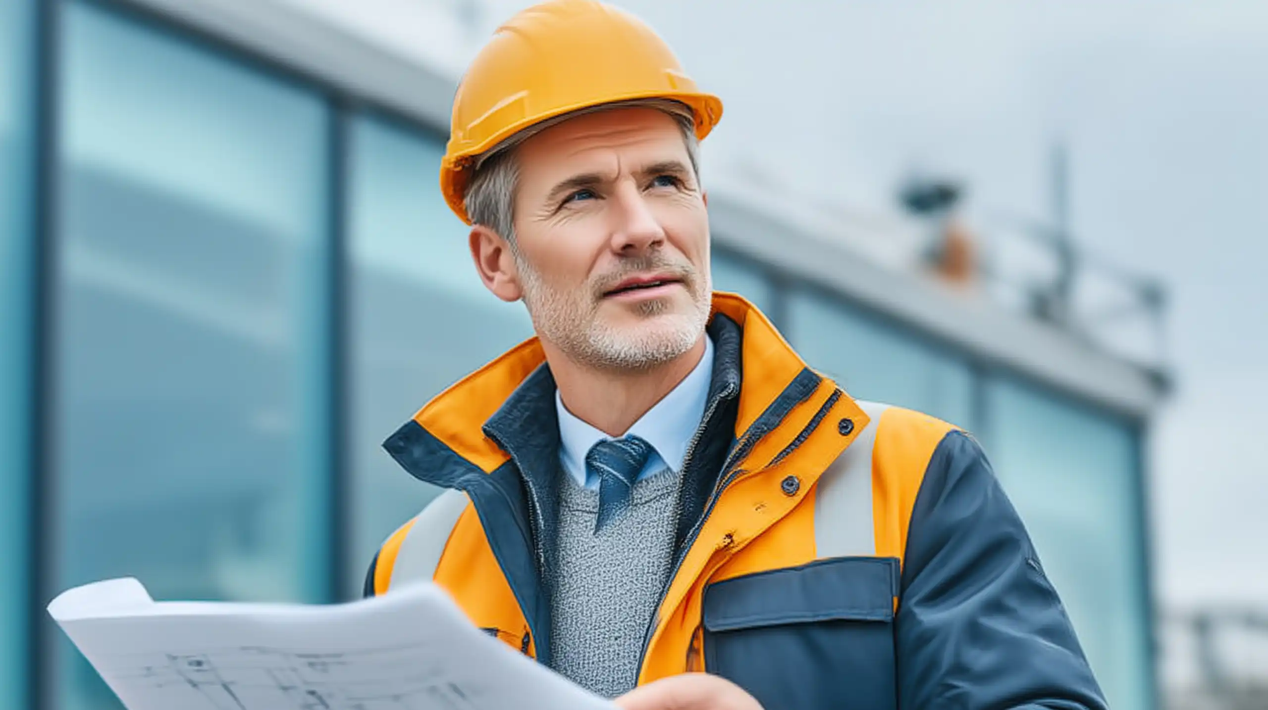 Architect reviewing plans for double glazing thickness at construction site