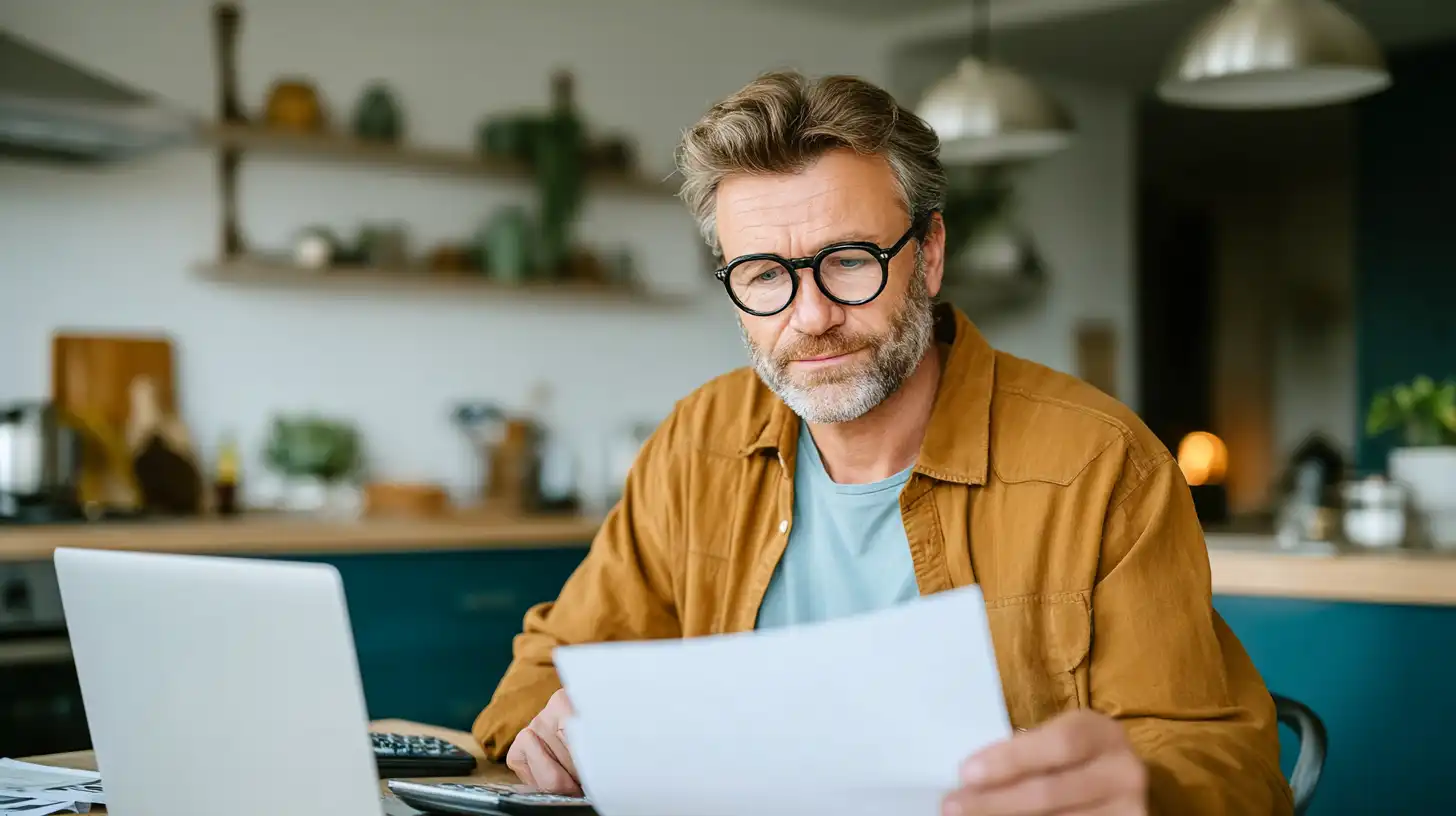 Man reviewing window quotes at home with laptop
