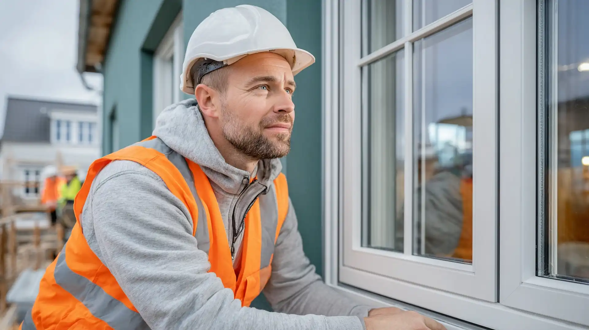 Construction worker fitting a window frame on site