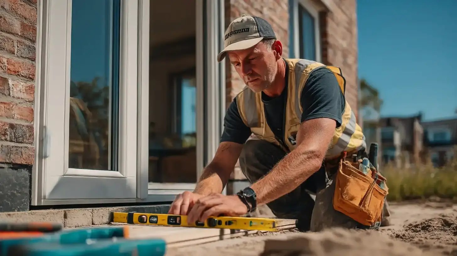 Worker using a spirit level while learning how to install uPVC door frame.