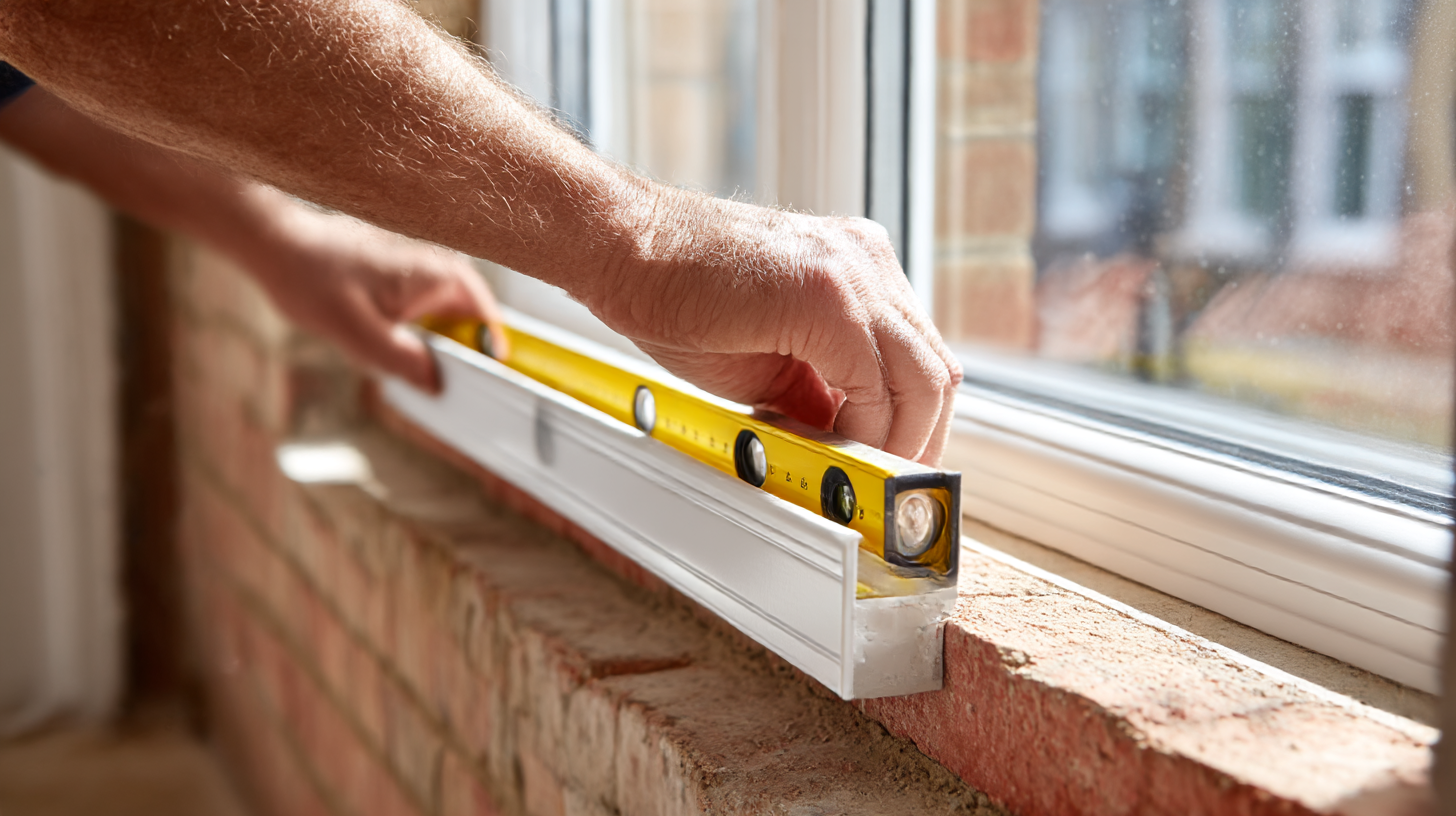 Hands using a spirit level to align a uPVC window frame on a brick sill