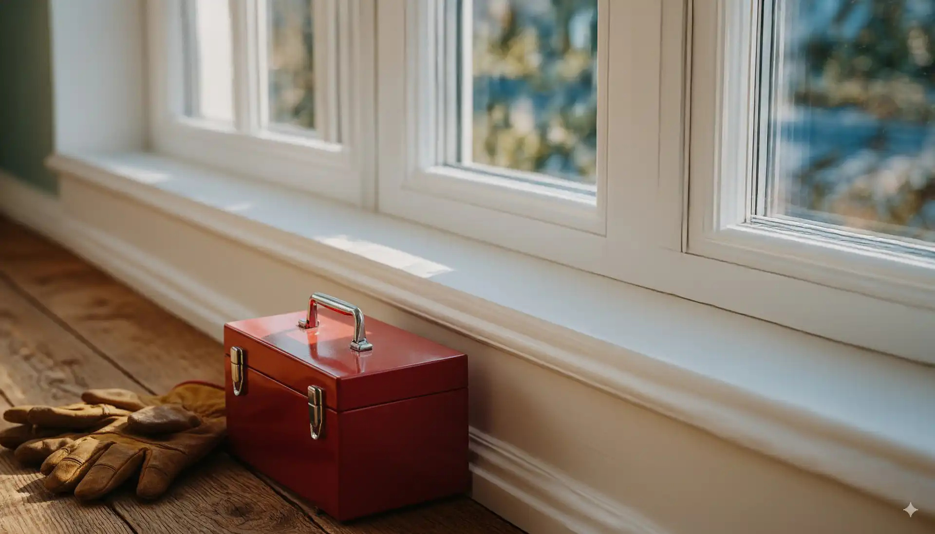 Red toolbox and gloves beside white double-glazed window