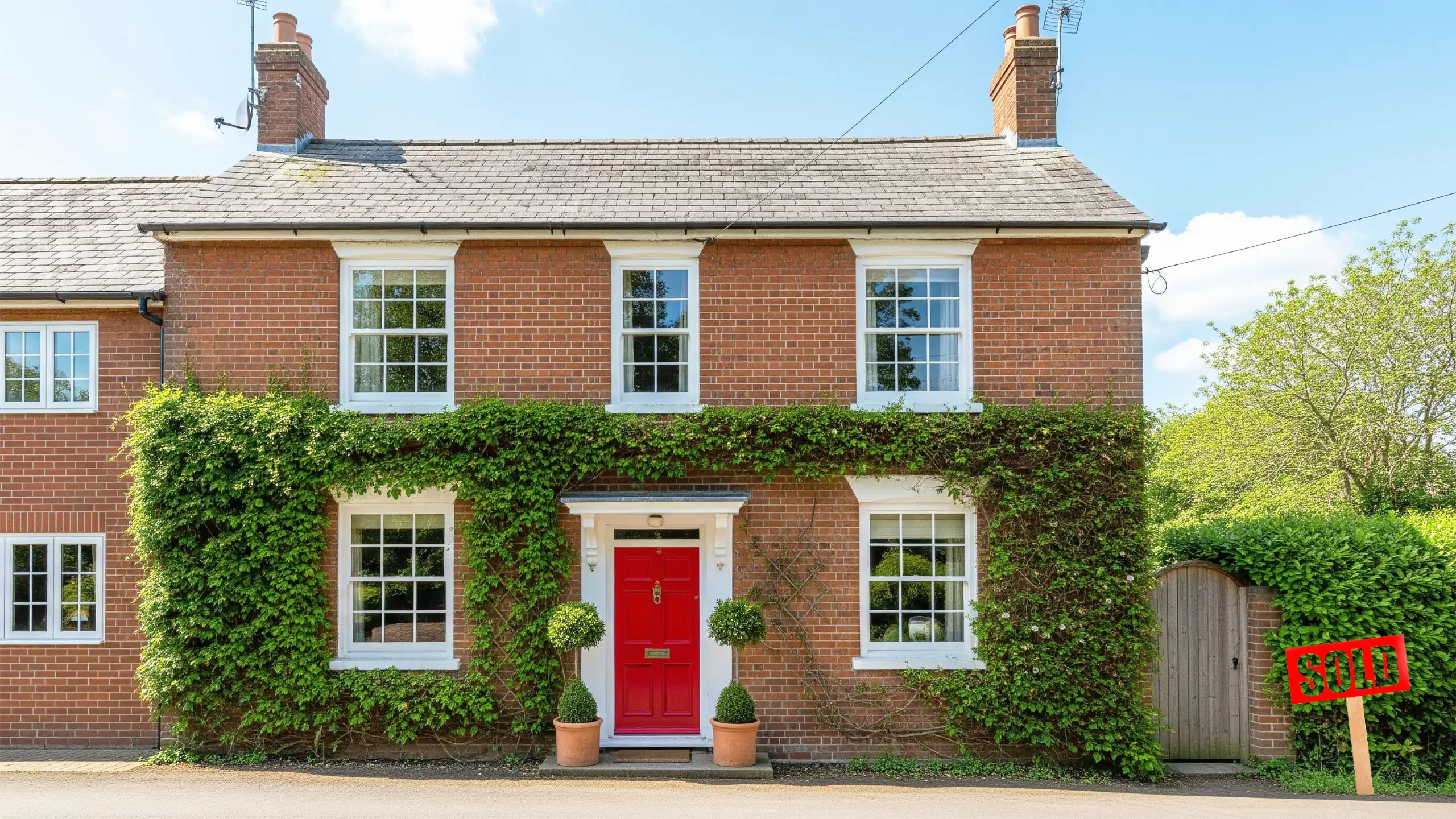 Brick house with red front door and sold sign outside