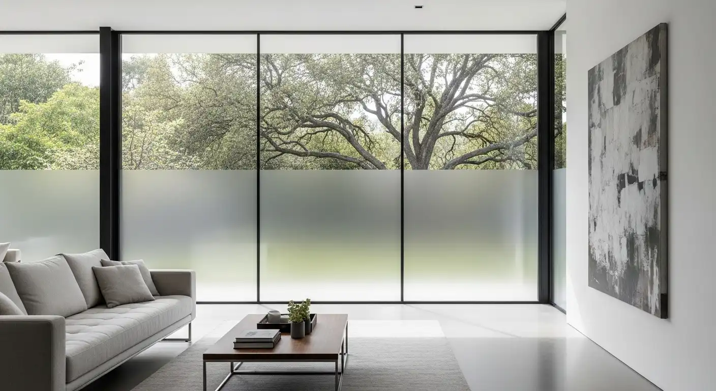 Modern living room with large glass windows showing how to fit a window film