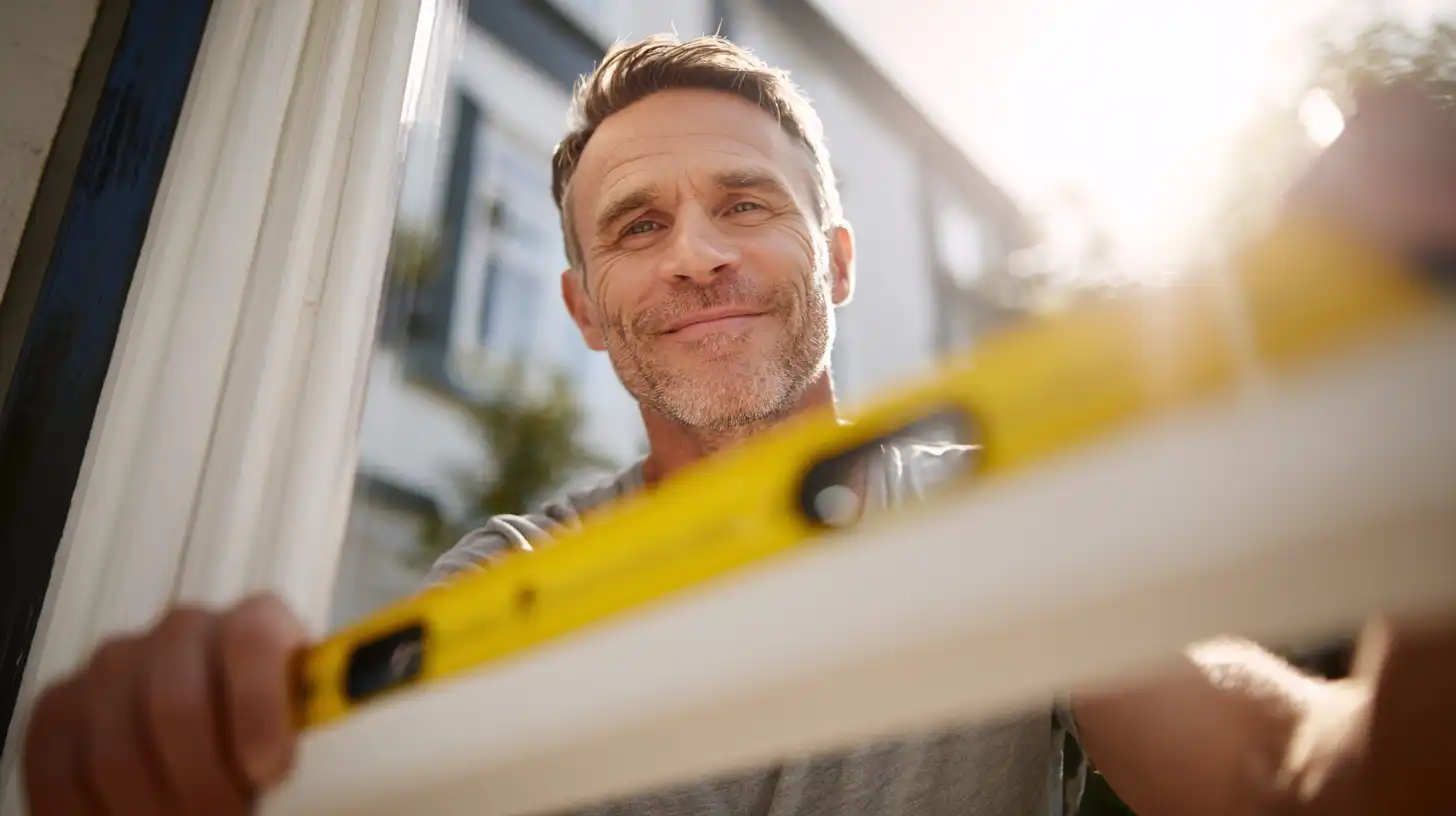 Man aligning frame with spirit level demonstrating how to install uPVC windows
