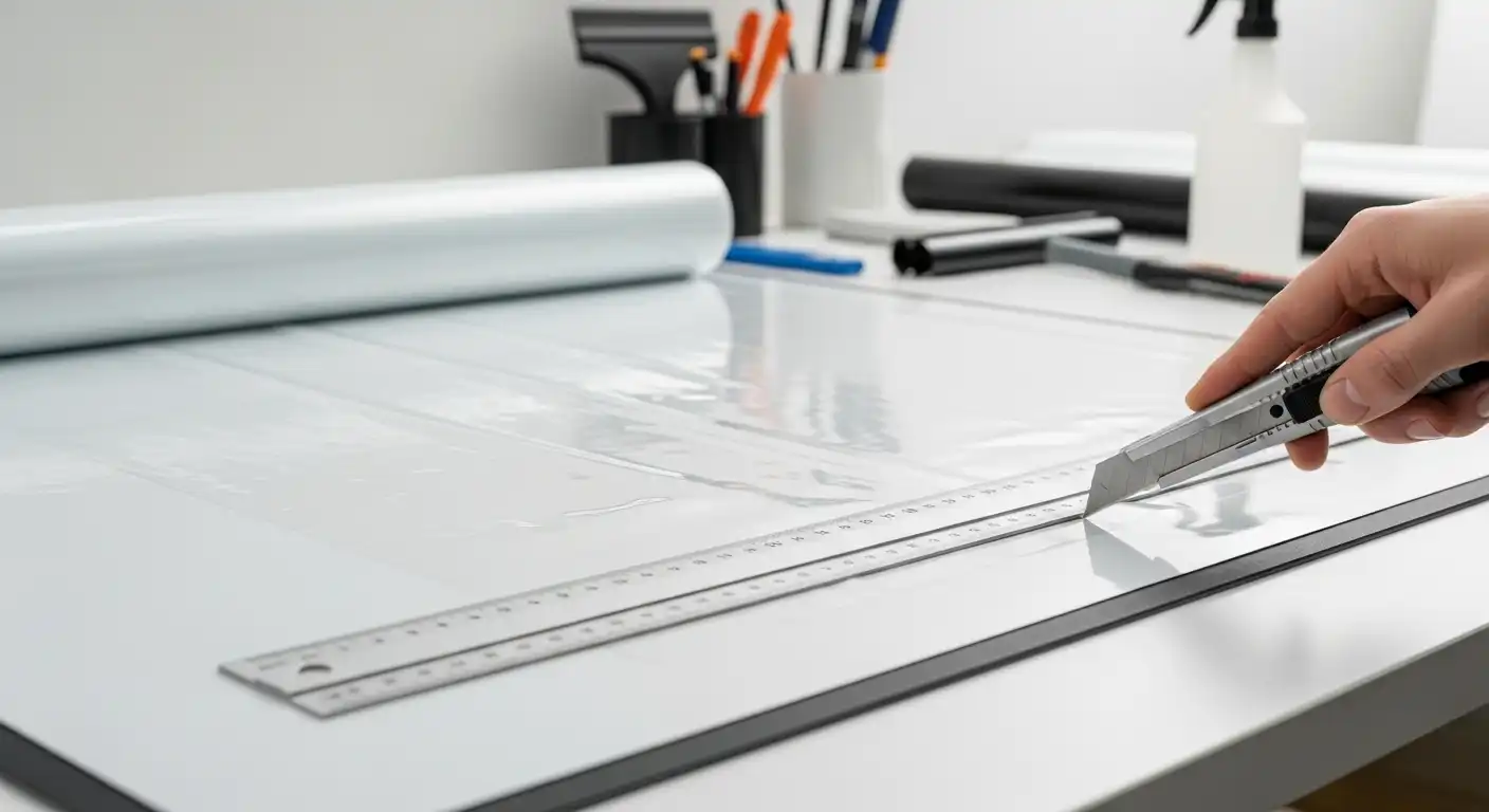 Hand cutting window film with ruler and utility knife