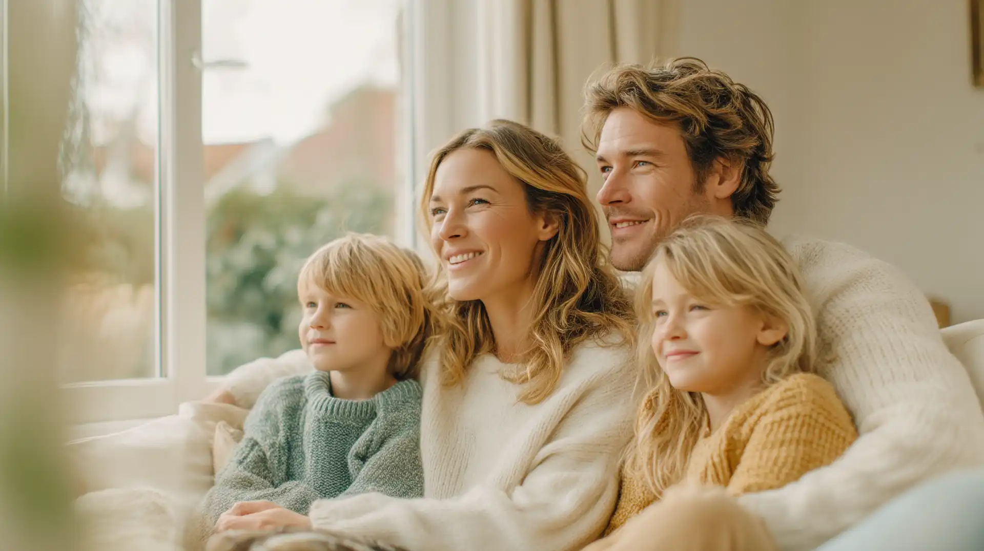 Family at home by window, considering price difference between double and triple glazing
