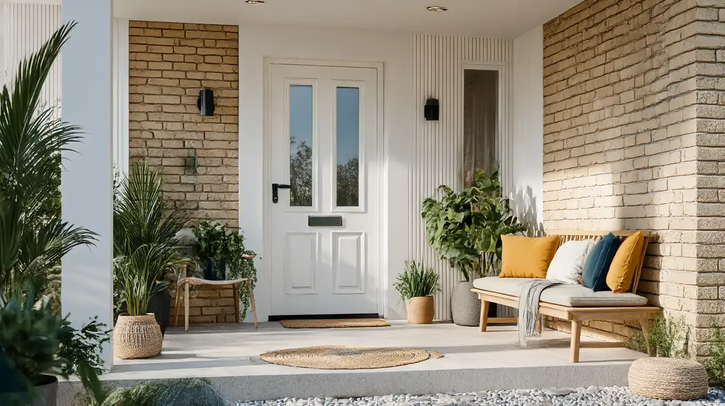 White uPVC front door with glass panels on modern brick house porch