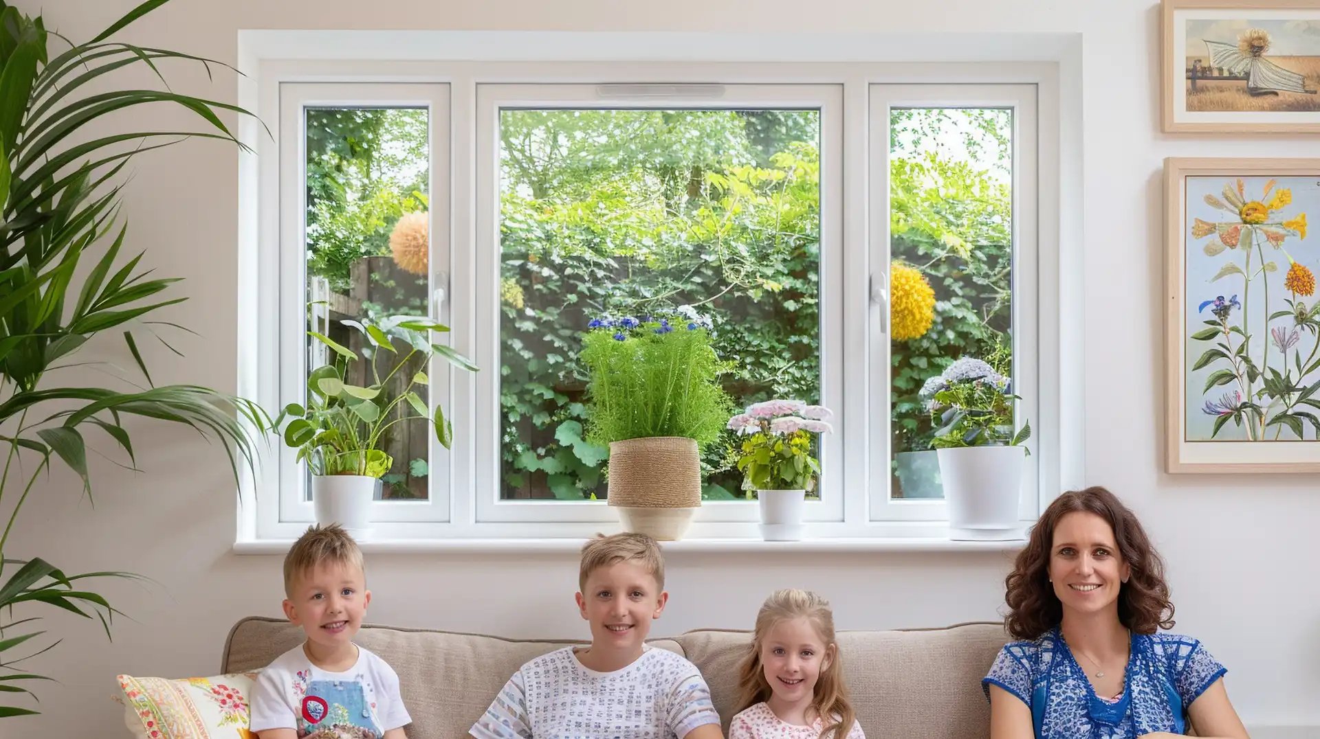 Family relaxing on a sofa in front of diy double glazed windows with indoor plants.