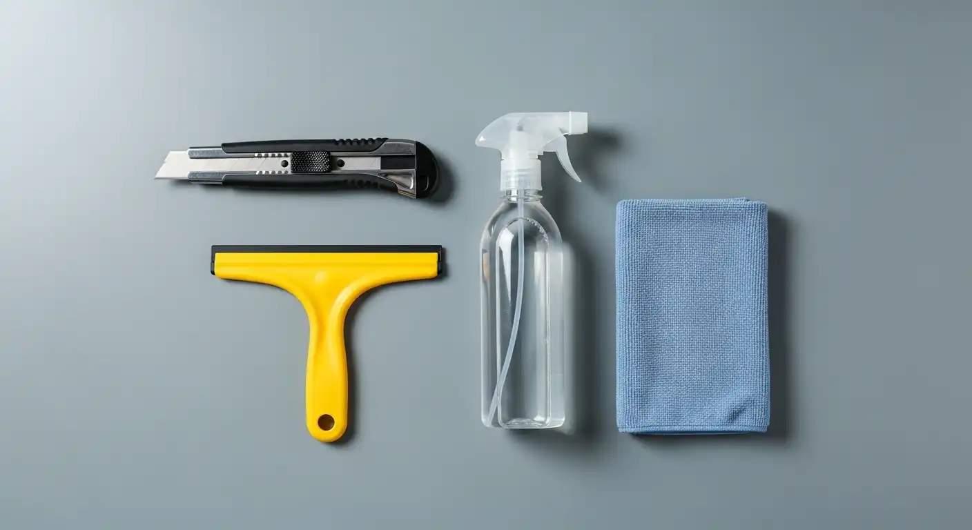 Window film installation tools on a grey surface