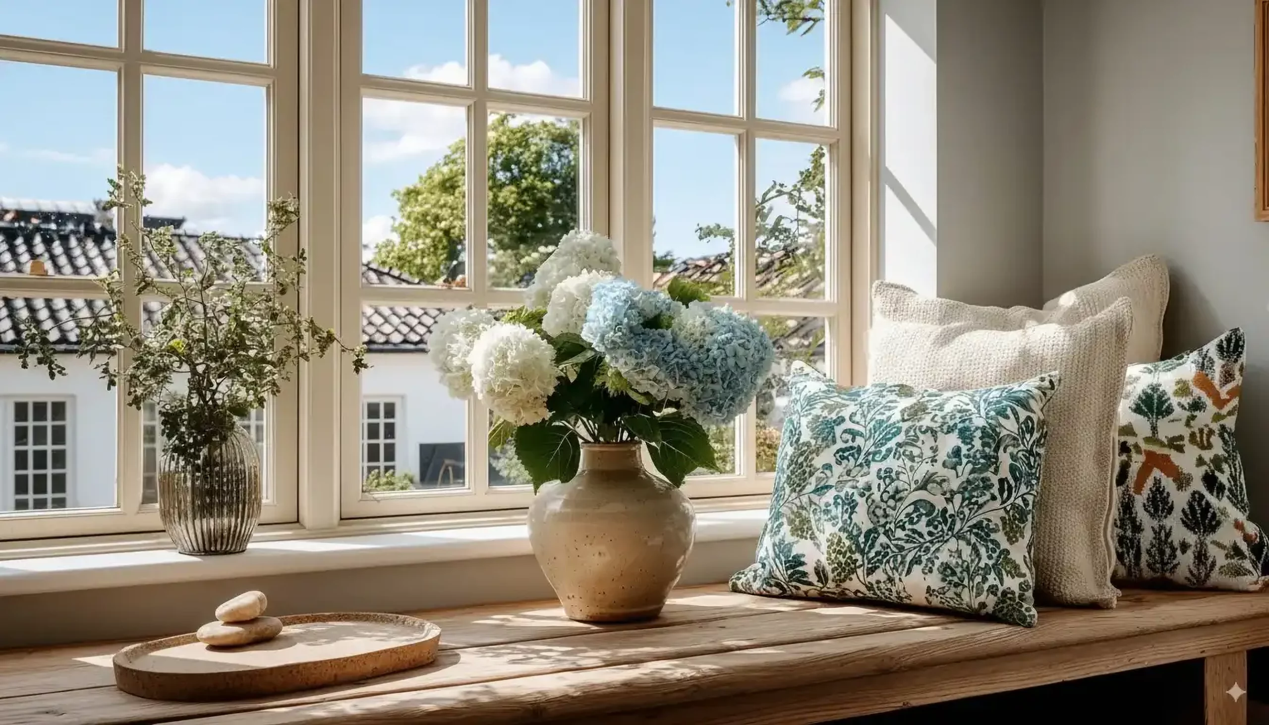 Bright window seat with flowers and patterned cushions