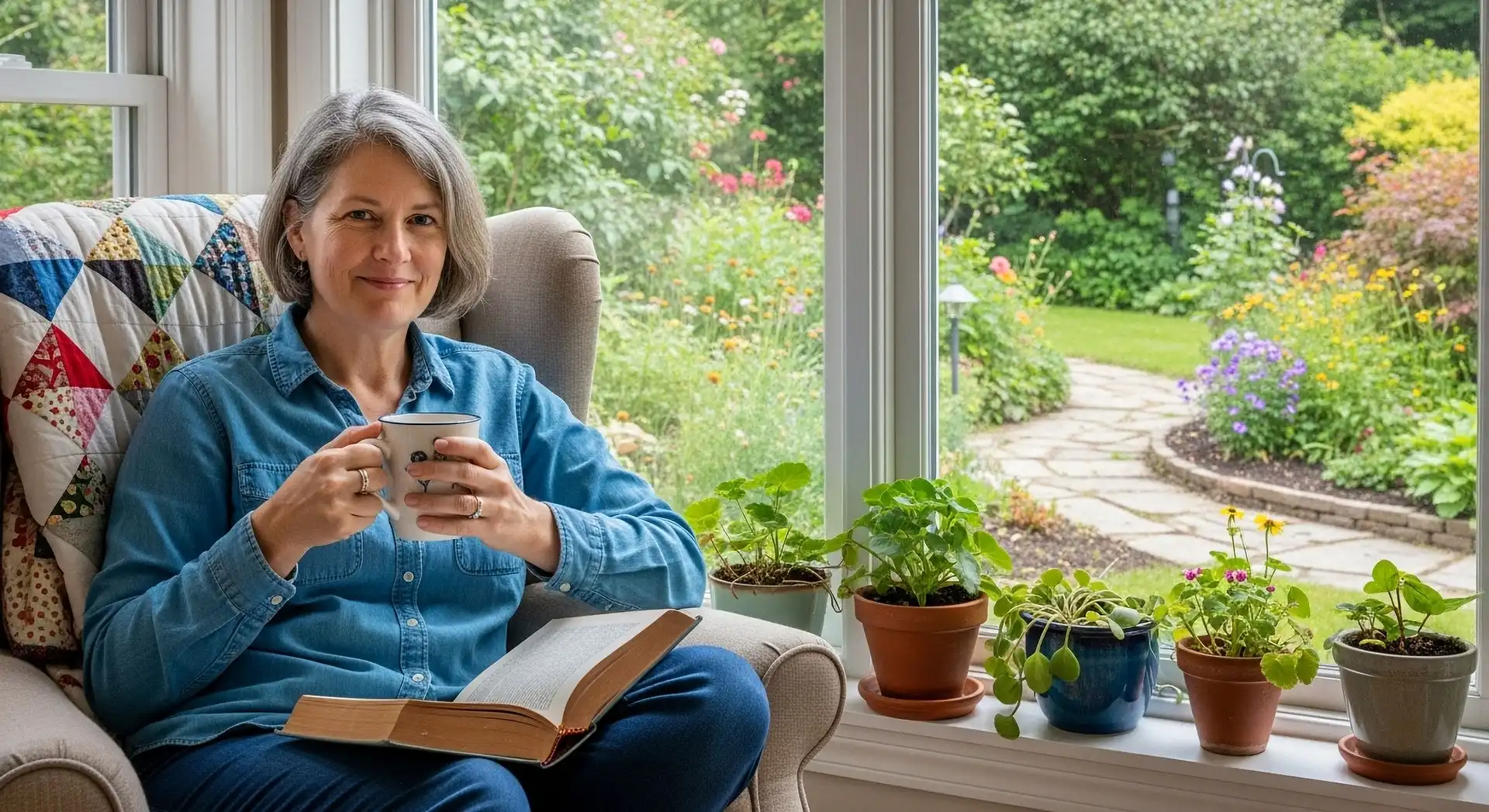 Woman relaxing by new windows with a book and coffee after changing home windows