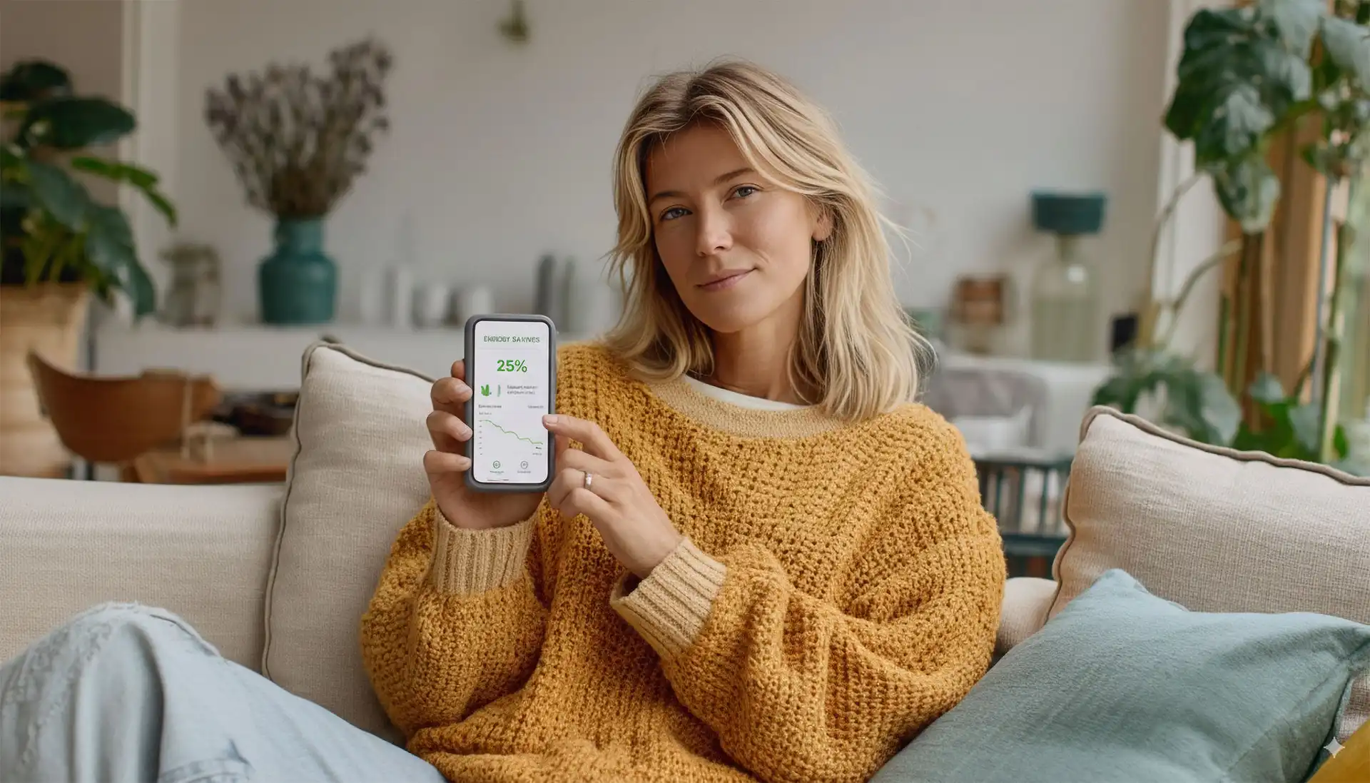 Woman showing energy savings app on smartphone