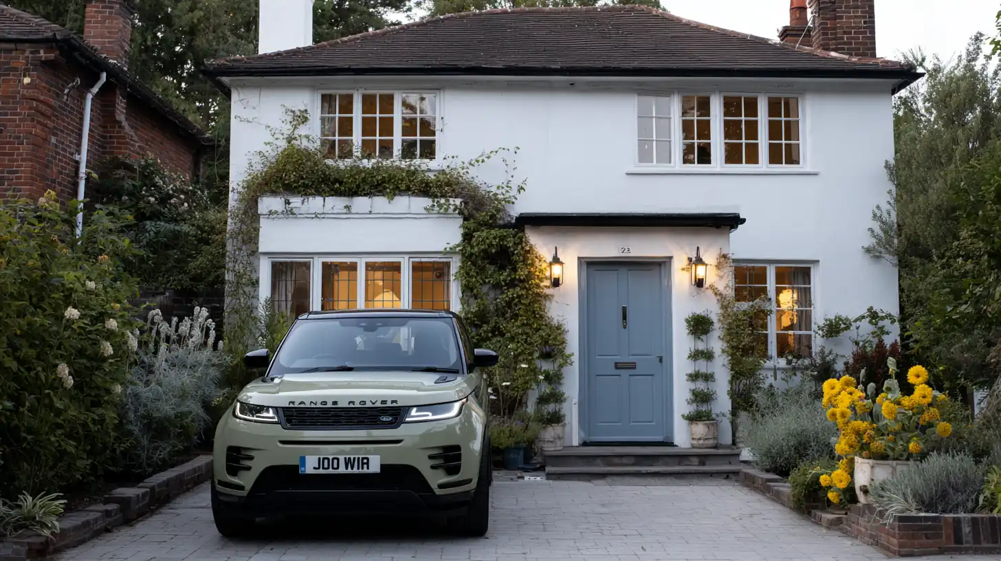 External doors and windows of a classic white 1930s house with a sage green Range Rover parked on a stone driveway.