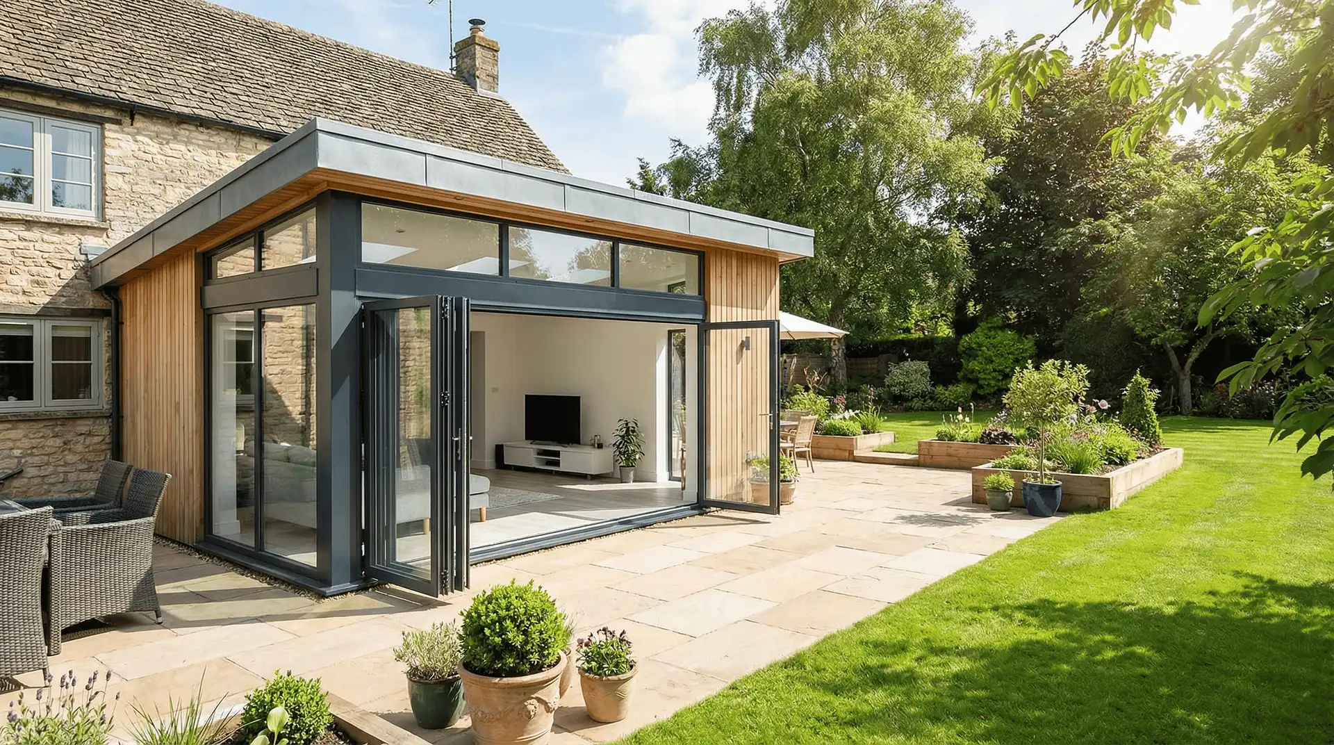 Modern home extension featuring uPVC double doors opening onto a landscaped garden and patio